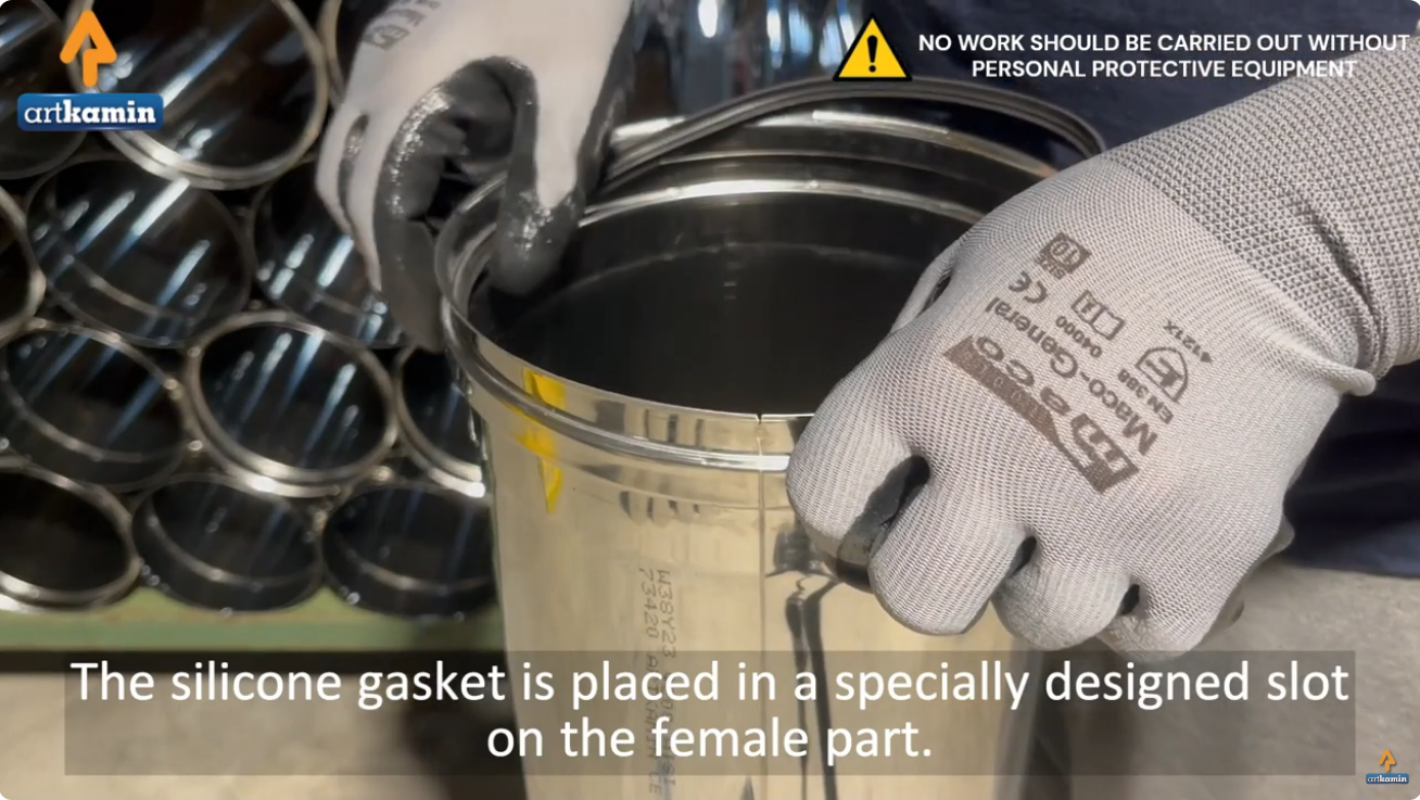 Installation of silicone gasket and clamp on stainless steel chimney